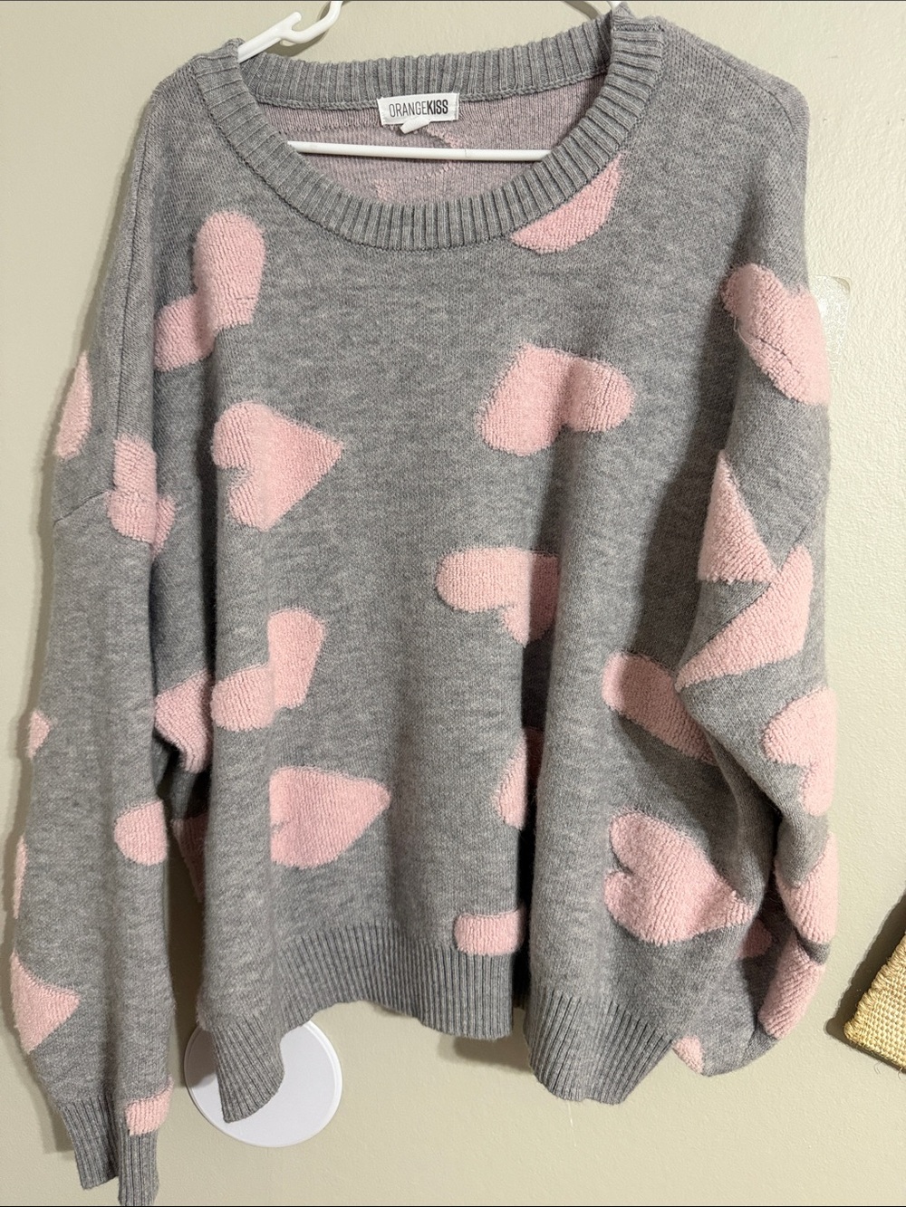 OrangeNess Gray Crewneck Sweater with Pink Heart Motif